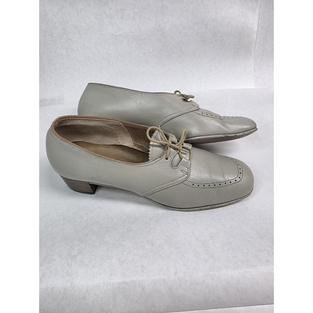 Womens Taupe Leather Oxford Pumps Footsaver Shoes Lace Up‎ Heels 8.5, 1960s READ
